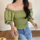 Off-shoulder Ruched Puff-sleeve Shirt