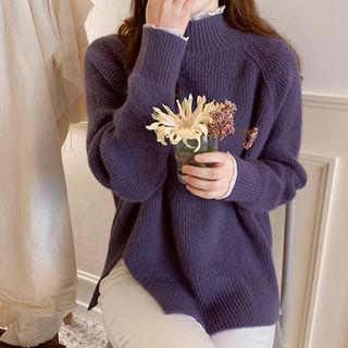 Mock-neck Slit-side Ribbed Knit Top
