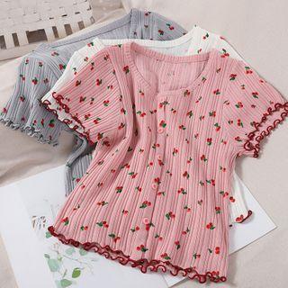 Cherry Print Buttoned Short-sleeve Knit Top