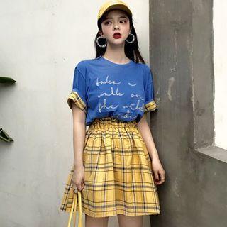 Set: Short-sleeve Lettering T-shirt + Plaid A-line Mini Skirt