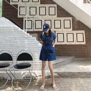 Stitched A-line Denim Playsuit Dark Blue - One Size