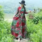Flower Print Long-sleeve Maxi A-line Dress As Shown In Figure - One Size