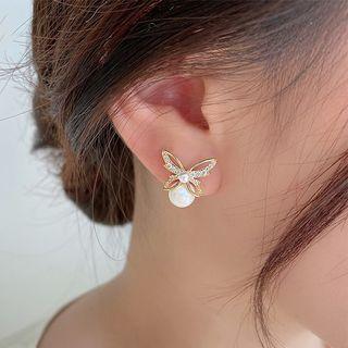 Bow Rhinestone Faux Pearl Alloy Earring 1 Pair - White - One Size