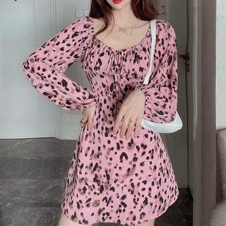 Puff-sleeve Leopard A-line Dress