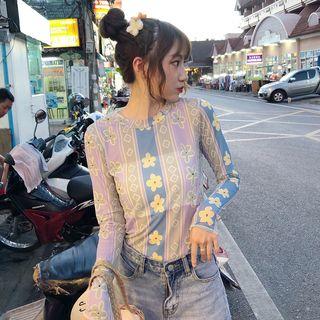 Print See-through Long-sleeve Top As Figure - One Size