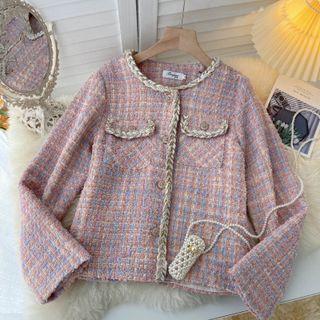 Contrast Trim Plaid Long-sleeve Jacket