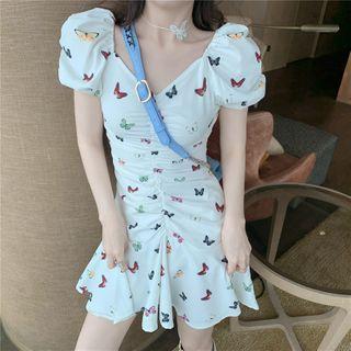 Balloon-sleeve Butterfly Print Shirred A-line Dress