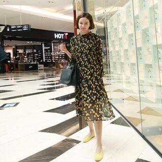 Accordion-pleat Floral Chiffon Dress