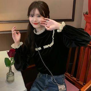 Lace Ruffle Trim Blouse Black - One Size