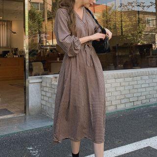 Drawstring-waist Plaid Dress Brown - One Size