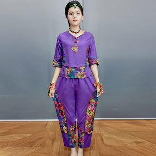Traditional Chinese Set: 3/4-sleeve Floral Top + Pants