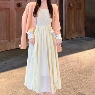 Faux Pearl Button Cardigan / Long-sleeve Midi A-line Dress