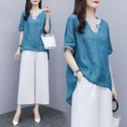 Set: Split-neck Elbow-sleeve Linen Top + Wide-leg Cropped Pants