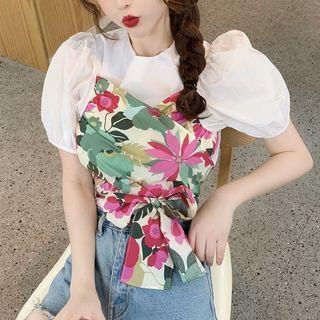 Mock Two-piece Short-sleeve Floral Top