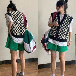 Checkered Button Sweater Vest / Cardigan