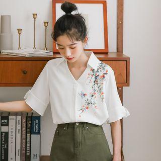 Bird Print Flared-sleeve Blouse
