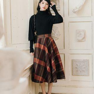 Set: Knit Top + Plaid A-line Skirt