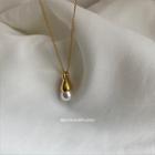 Faux Pearl Pendant Stainless Steel Necklace E662 - Gold - One Size