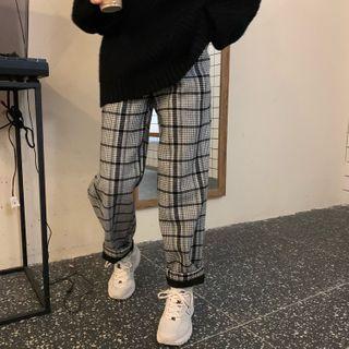 Plaid High-waist Straight Leg Pants Plaid - Black & White - One Size