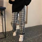 Plaid High-waist Straight Leg Pants Plaid - Black & White - One Size