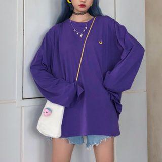 Moon Embroidered Long Sleeve T-shirt Purple - One Size