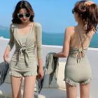 Set: Frill Trim Swimsuit + Cover-up Jacket