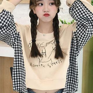 Plaid Panel Printed Long-sleeve Top