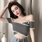 Short-sleeve Off-shoulder Striped Knit Top Black - One Size