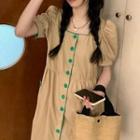 Puff-sleeve Contrast Trim Midi A-line Dress Dress - Almond - One Size