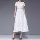 Short-sleeve Lace Panel Fringed Midi A-line Dress