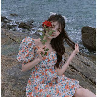 Flower Print Open Back Short-sleeve A-line Dress Dress - Floral - One Size