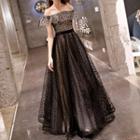 Short-sleeve Off-shoulder Dotted A-line Evening Gown
