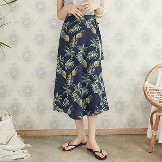 Wrap-front Pineapple Print Long Skirt