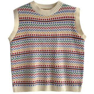 Pattern Sweater Vest Beige - One Size