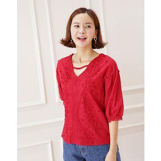 Puff-sleeve Perforated Top