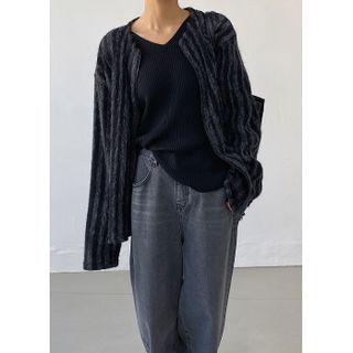 Zipped Striped Knit Cardigan Black - One Size