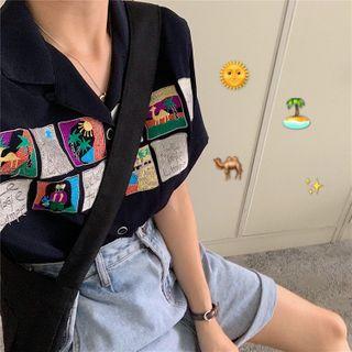 Embroidered Single-breasted Short-sleeve Blouse Navy Blue - One Size