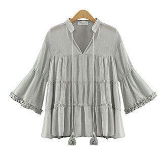 Tasseled Tie Neck Tiered 3/4 Sleeve Top
