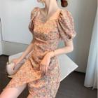 Puff-sleeve Asymmetrical Floral Print Mini A-line Dress