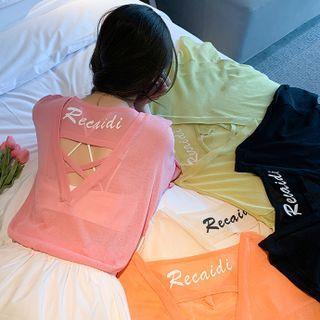 Elbow-sleeve Lettering Sheer Knit Top