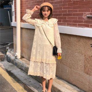 Collared Long-sleeve Midi Lace Dress Almond - One Size