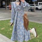 Set: Long-sleeve Floral Print Midi Dress + Choker With Choker - Dress - Blue - One Size