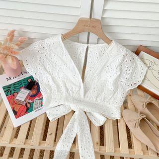 Eyelet Ribbon-back Ruffled Crop Top White - One Size