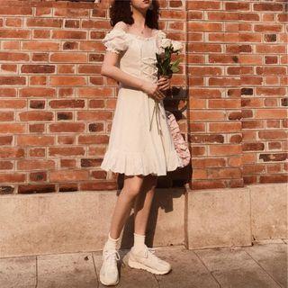 Balloon-sleeve Ruffled Lace-up A-line Dress As Shown In Figure - One Size