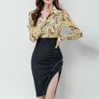 Long-sleeve Printed Blouse / Slit-hem Pencil Skirt