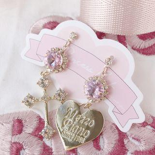 Non-matching Rhinestone Heart & Cross Dangle Earring