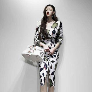 Long-sleeve Printed Midi Sheath Dress