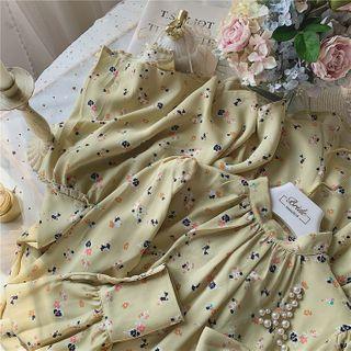 Floral Long-sleeve Ruffle Trim Midi A-line Dress Floral - Green - One Size