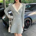 Long-sleeve Striped Button Accent Knit Dress