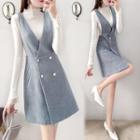 Long-sleeve Knit Top / Double-breasted Pinafore Dress / Set